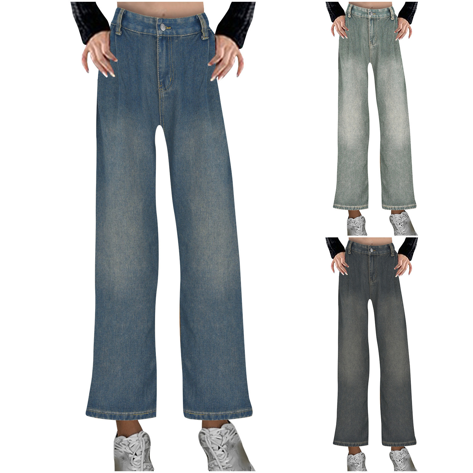 Jacenvly New Jeans for Women Plus Size Long Pants Loose Solid Comfort Waist Wide Leg Jeans for Women High Waist Soft Easy Care Comfort Waist Pocket Blue M